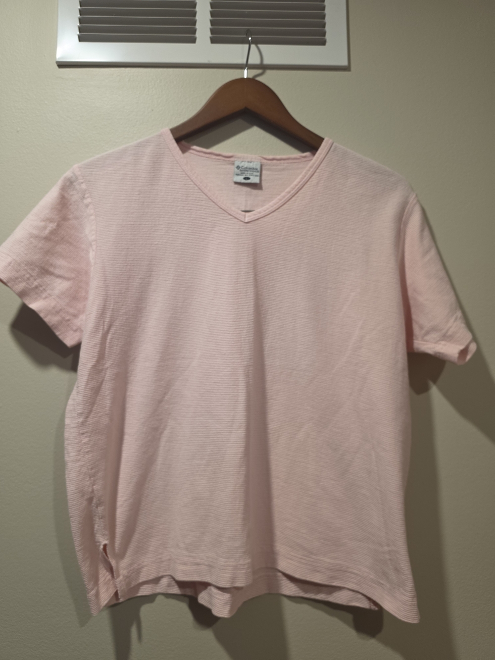 VTG 90s Columbia Sportswear Made in USA Pastel Pink Ribbed Cotton V-Neck Tee L